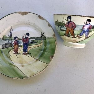 Antique G.S. Zell Germany Hand Painted Dutch Scene Plate & Bowl China, 1907–1928